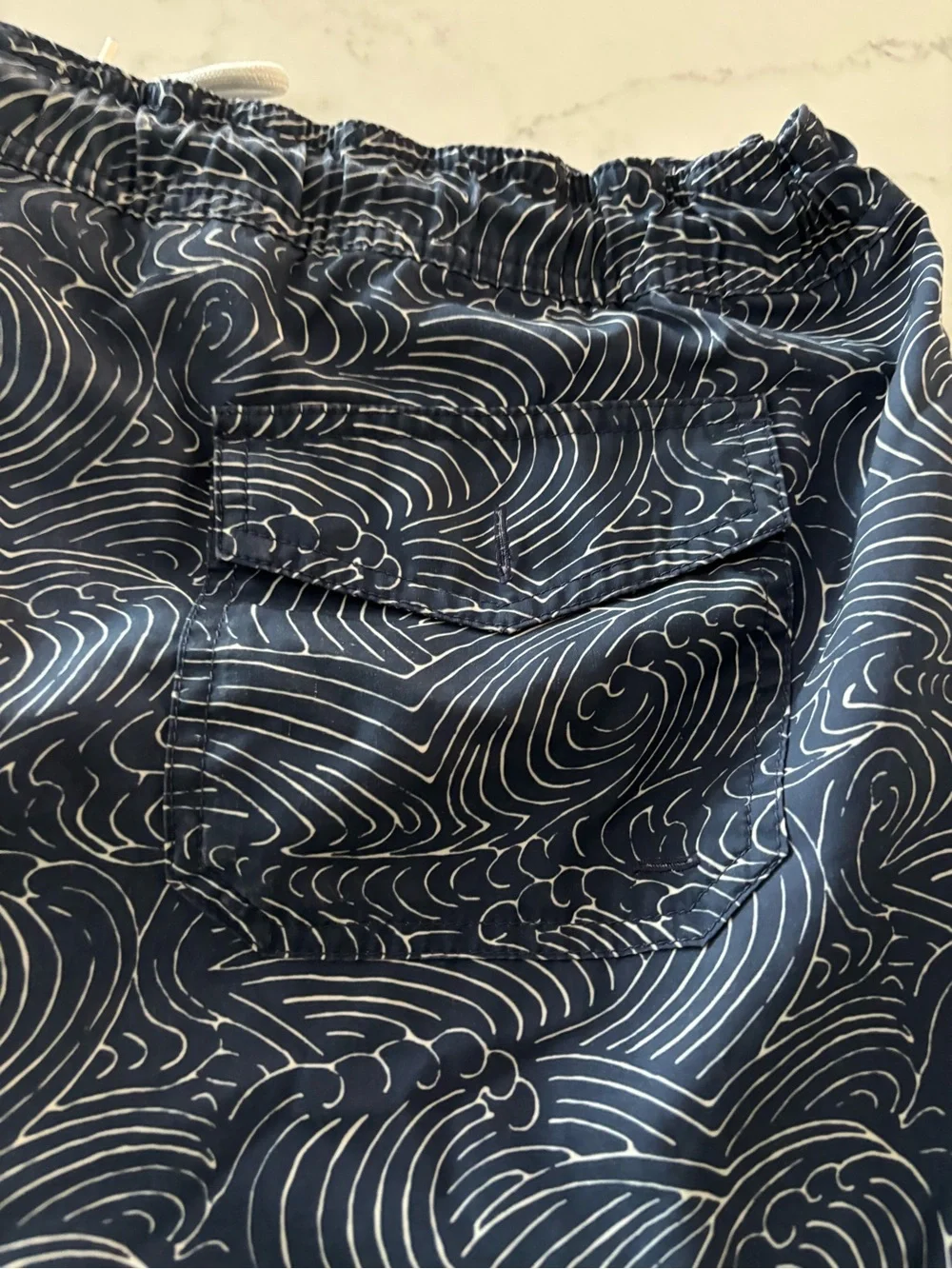 J. Crew Navy & White Patterned Swim Trunks with Coral Accent